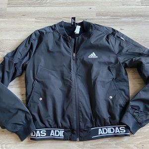 ADIDAS Women’s Small Black Full Zip Windbreaker Bomber Lined Jacket cropped
